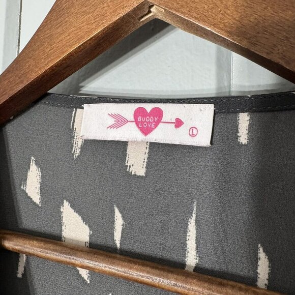 Buddy Love‎ Boho Gray Pink Top Blouse Lace Up Front Flare Bell Sleeves Size L - Picture 2 of 11